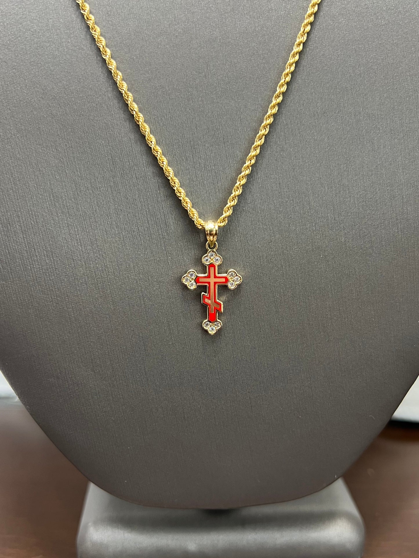 C10-NEW 14k Semi Solid Rope Chain 20” (2mm) and CZ Red Cross Pendant. W.G