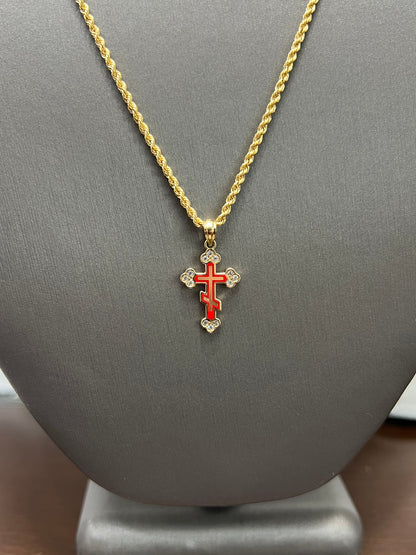 C10-NEW 14k Semi Solid Rope Chain 20” (2mm) and CZ Red Cross Pendant. W.G
