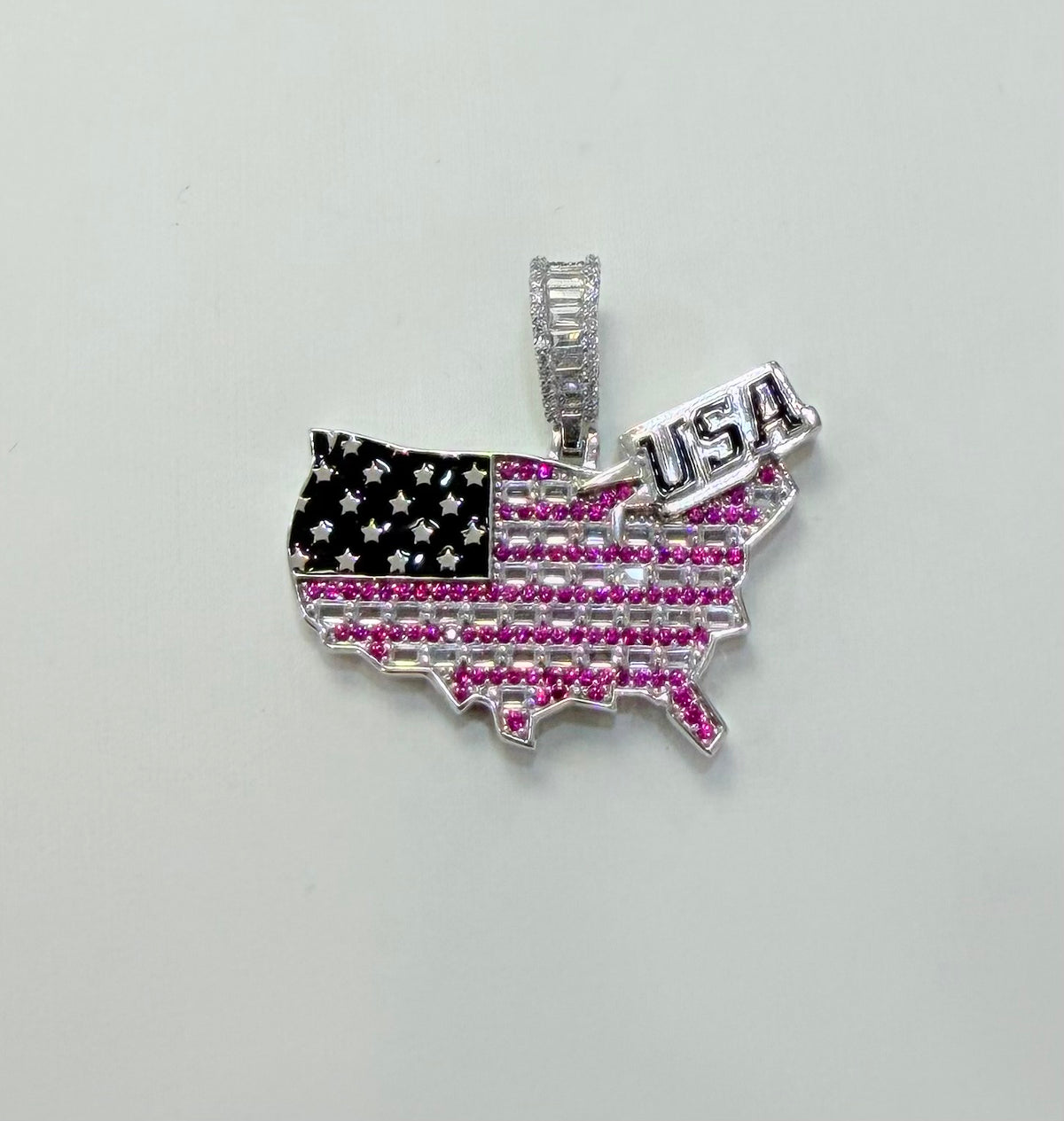 S845- NEW .925 Sterling Silver USA Map Flag Pendant W.G