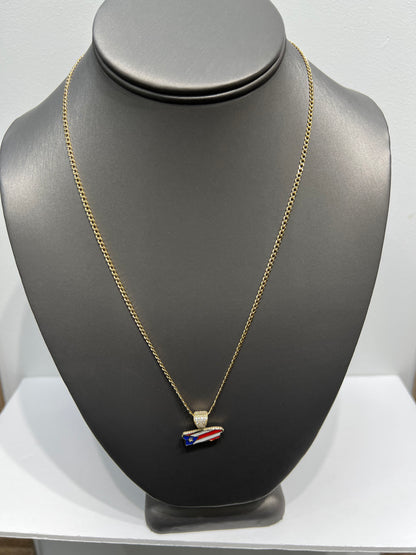 C52- NEW 10K Hollow Cuban Curb Chain Two Tone Chain & Puerto Rican Flag Pendant SET W.G