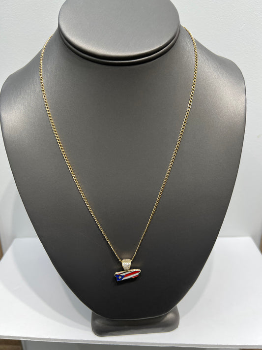 C52- NEW 10K Hollow Cuban Curb Chain Two Tone Chain & Puerto Rican Flag Pendant SET W.G