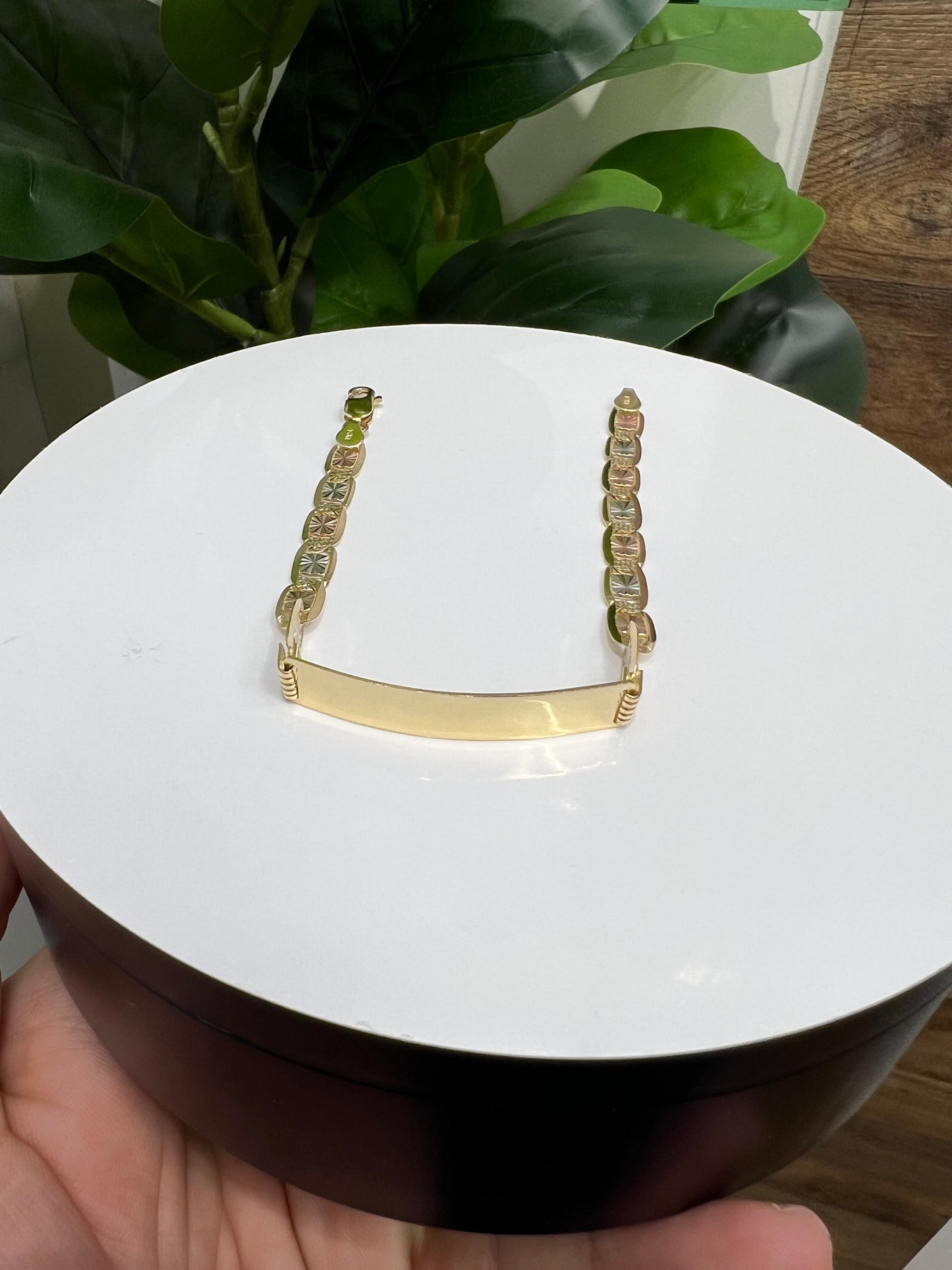 1333- NEW 14K Valentino ID Bracelet Tri Tone W.G