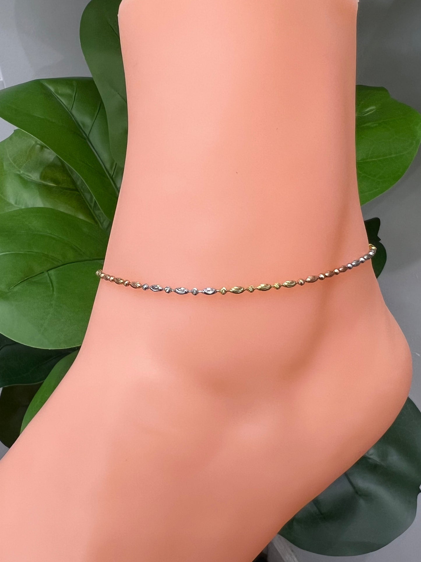 328- NEW 14K Oval and Bead Tri-Color Anklet Bracelet 8.5” (1.95mm) W.G