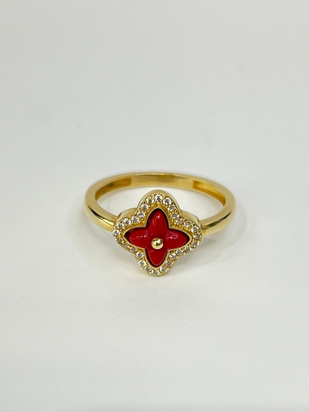 599-NEW 14K Red Trebol Gold Ring (W.G)