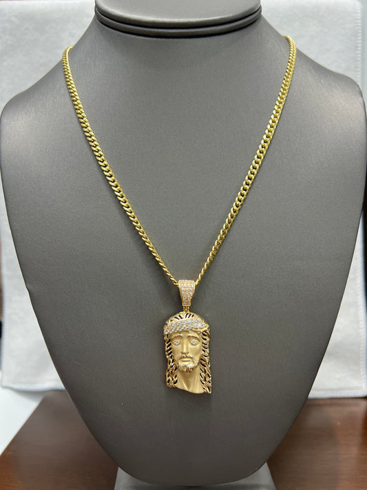 C69- NEW 14K Semi Solid Miami Cuban Chain 20" (3.90mm)+ Jesus Pendant Set  W.G