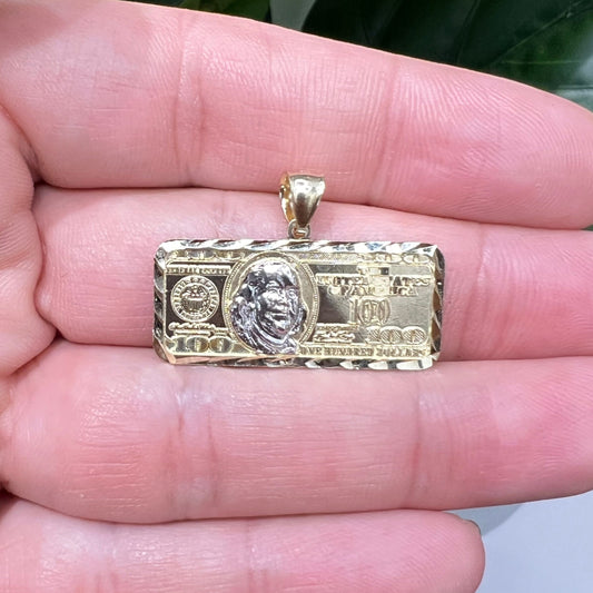 1672- NEW 10K 100 Dollar Bill Pendant (34x15mm)W.G