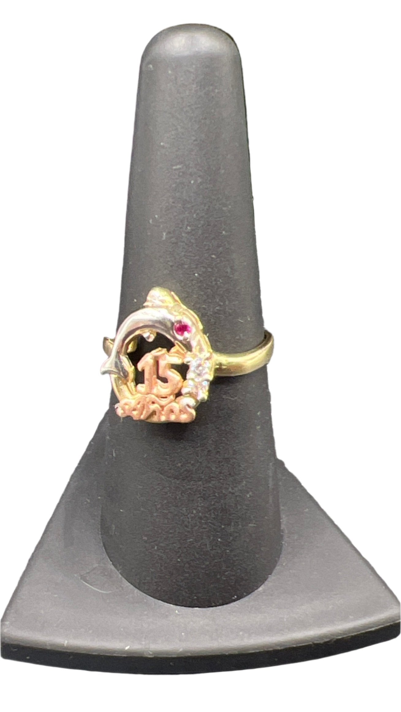 351- 14K Quinceañera Ring With Dolphin And #15