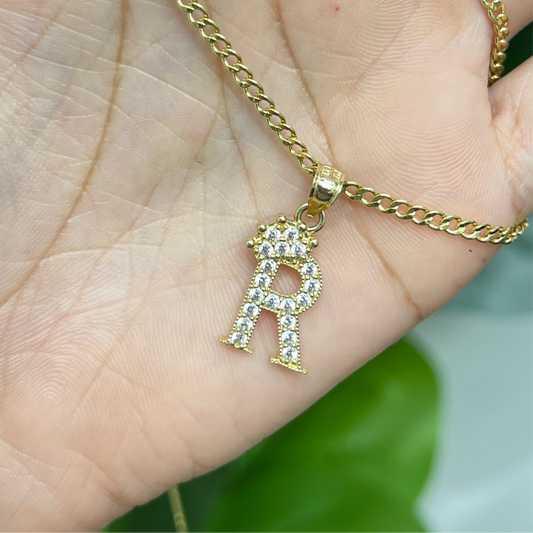 00101- NEW 14K Letter “R” Crown Pendant (W.G)