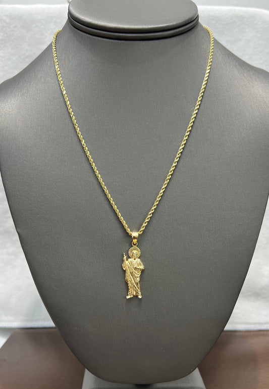 C72- NEW 14K Hollow Rope Chain 18" (2mm) + St. Jude Pendant Set W.G