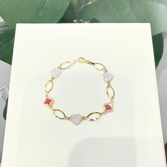 641- NEW 14K Red clover & Heart Bracelet (8.70mm) W.G