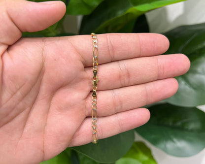 1291-NEW 14K Two Toned Solid Figaro Bracelet (3.7mm) W.G