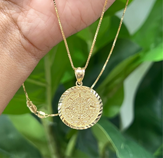 375- NEW 14K Solid Aztec Mayan Sun Calendar Azteca Pendant W.G