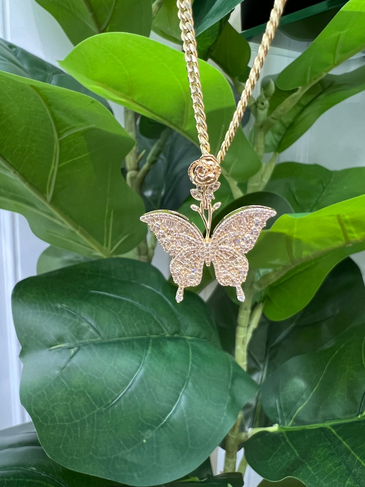 1222- NEW 14K Hollow Full Cz Butterfly Gold Pendant (W.G )