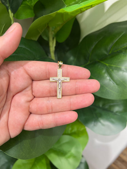1393- NEW 14K Crucifix Full Cz Pendant Two Tone W.G