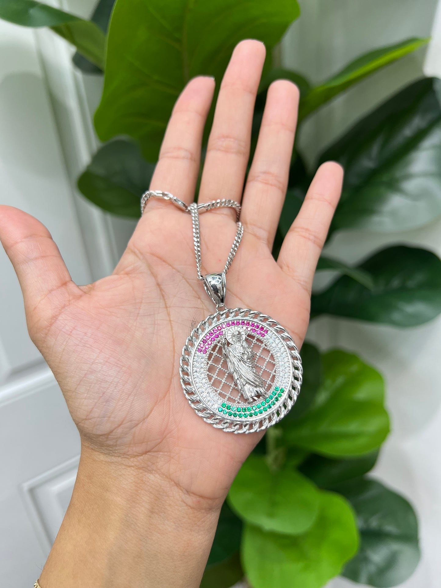 S490-NEW .925 Sterling Silver St. Jude Round Pendant W.G