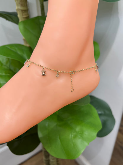 995- NEW 14K Hollow Teddy Bear Dangling Anklet 10”+1” ext (2mm) (W.G)