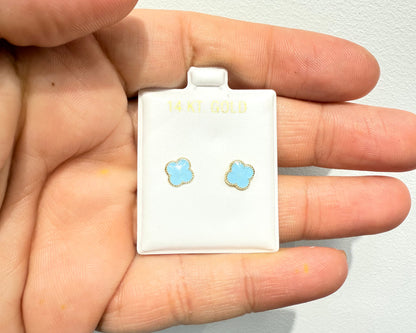 1077-NEW 14k Gold Trebol Aqua Blue Stud Earrings (7mm) W.G
