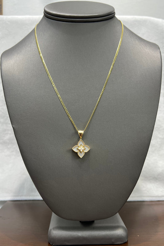 C71- NEW 14K Solid Flat Cuban Curb Chain 18" (2.0mm)+ 14K White Clover Pendant SET W.G