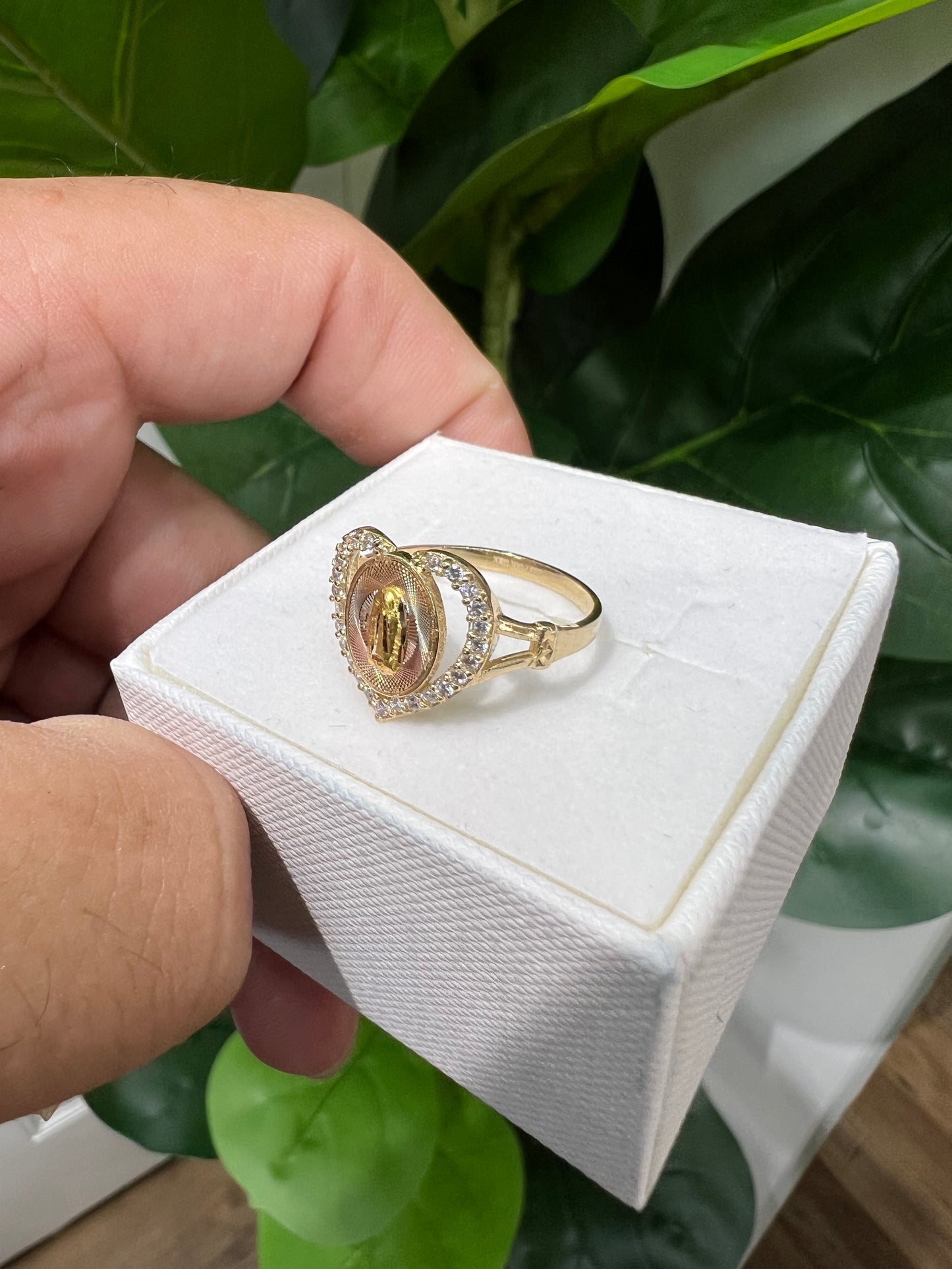 1189-NEW 14K Heart Shape Our Lady Of Guadalupe Ring W.G