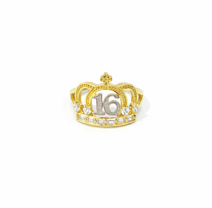 1517- NEW 10K Two Tone Sweet 16 Crown Gold Ring W.G