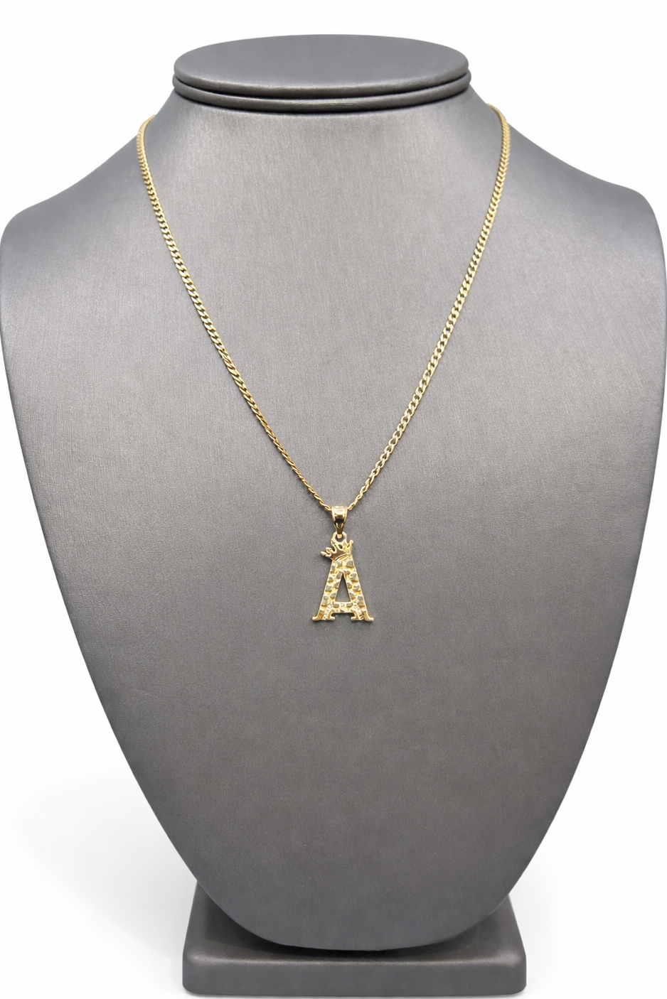 C63- 10K Hollow Cuban Curb Chain 18” 2.5mm & 10K Letter A Nugget Pendant W.G
