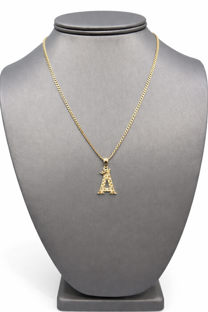 C63- 10K Hollow Cuban Curb Chain 18” 2.5mm & 10K Letter A Nugget Pendant W.G