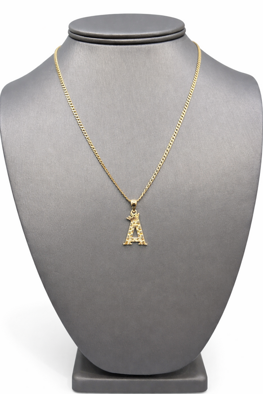 C63- 10K Hollow Cuban Curb Chain 18” 2.5mm & 10K Letter A Nugget Pendant W.G