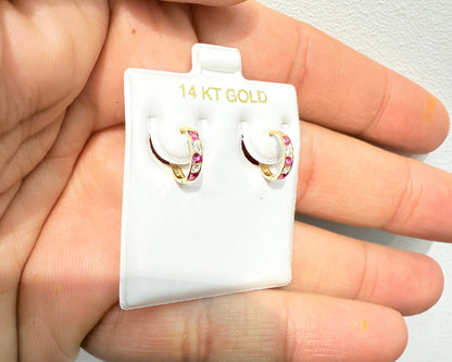 1095-NEW 14K Small Huggies Ruby & Clear Hoop Earrings (2x10mm)W.G