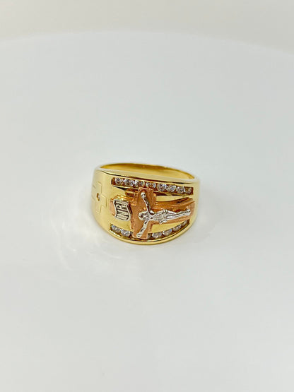 1262- NEW 14K Tri- Tone Crucifix Gold Ring W.G