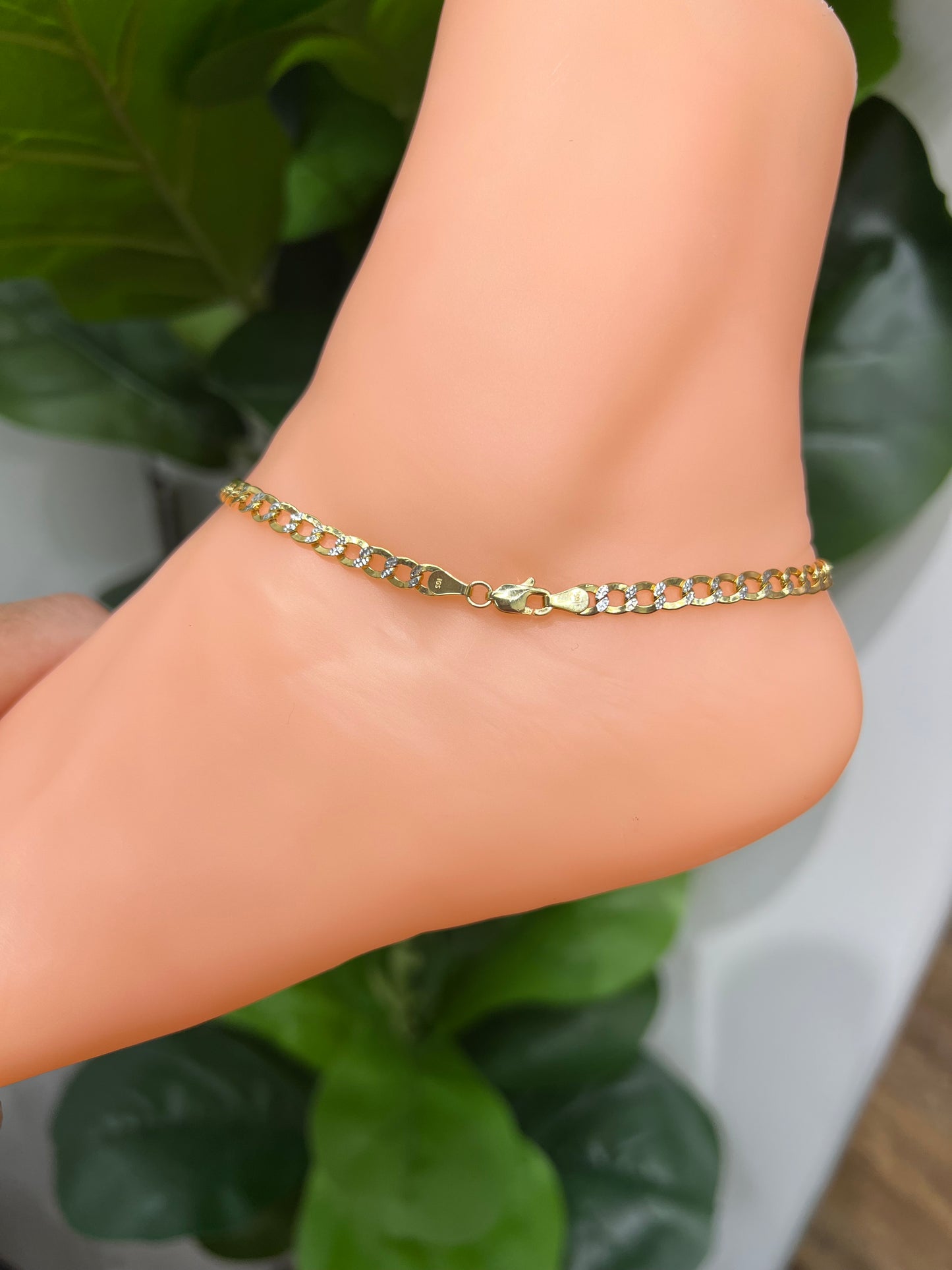 1321- NEW 10K Hollow Cuban Curb Two Tone Anklet 10” (4.5mm) W.G