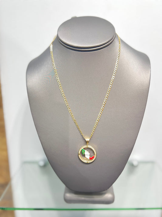 C28- NEW 14K Solid Cuban Chain & Mexican Flag Pendant Set