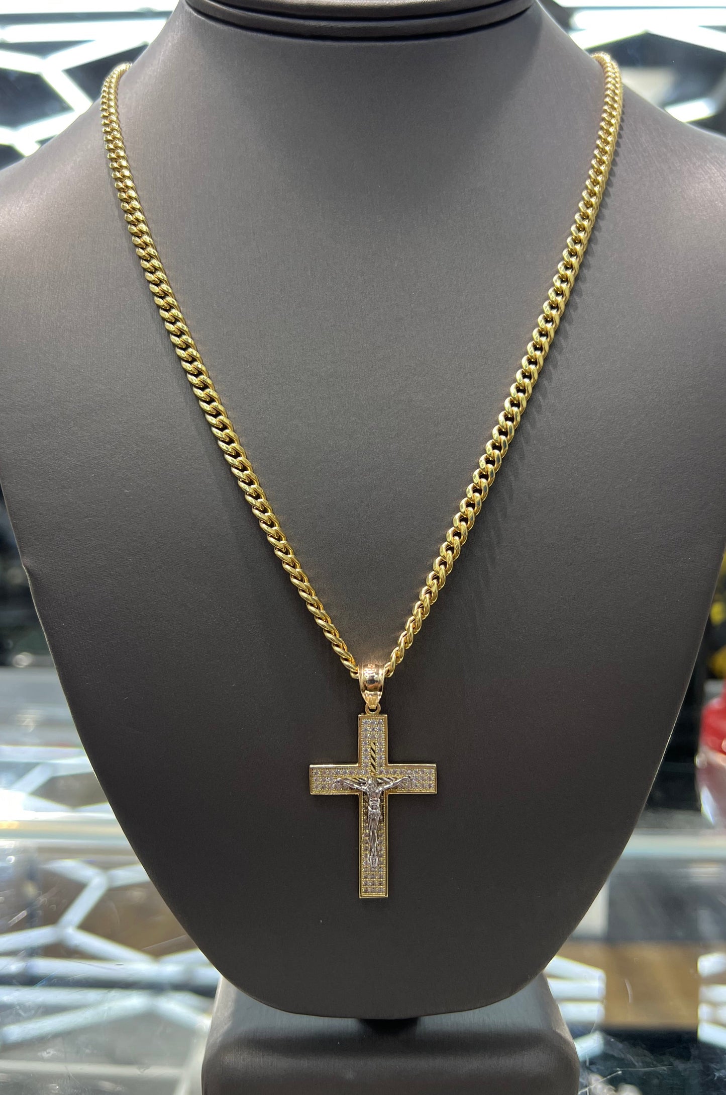 C44- NEW 14K Hollow Miami Cuban Chain 22” (4.40mm) & Crucifix Pendant Set W.G