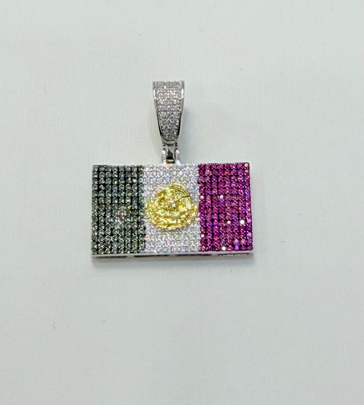S634- NEW .925 Silver Square Mexican Flag Pendant W.G