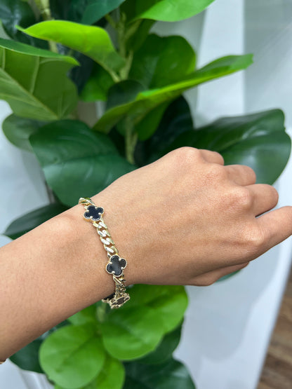 1159- NEW 14K Hollow Cuban Black Trebol Bracelet W.G