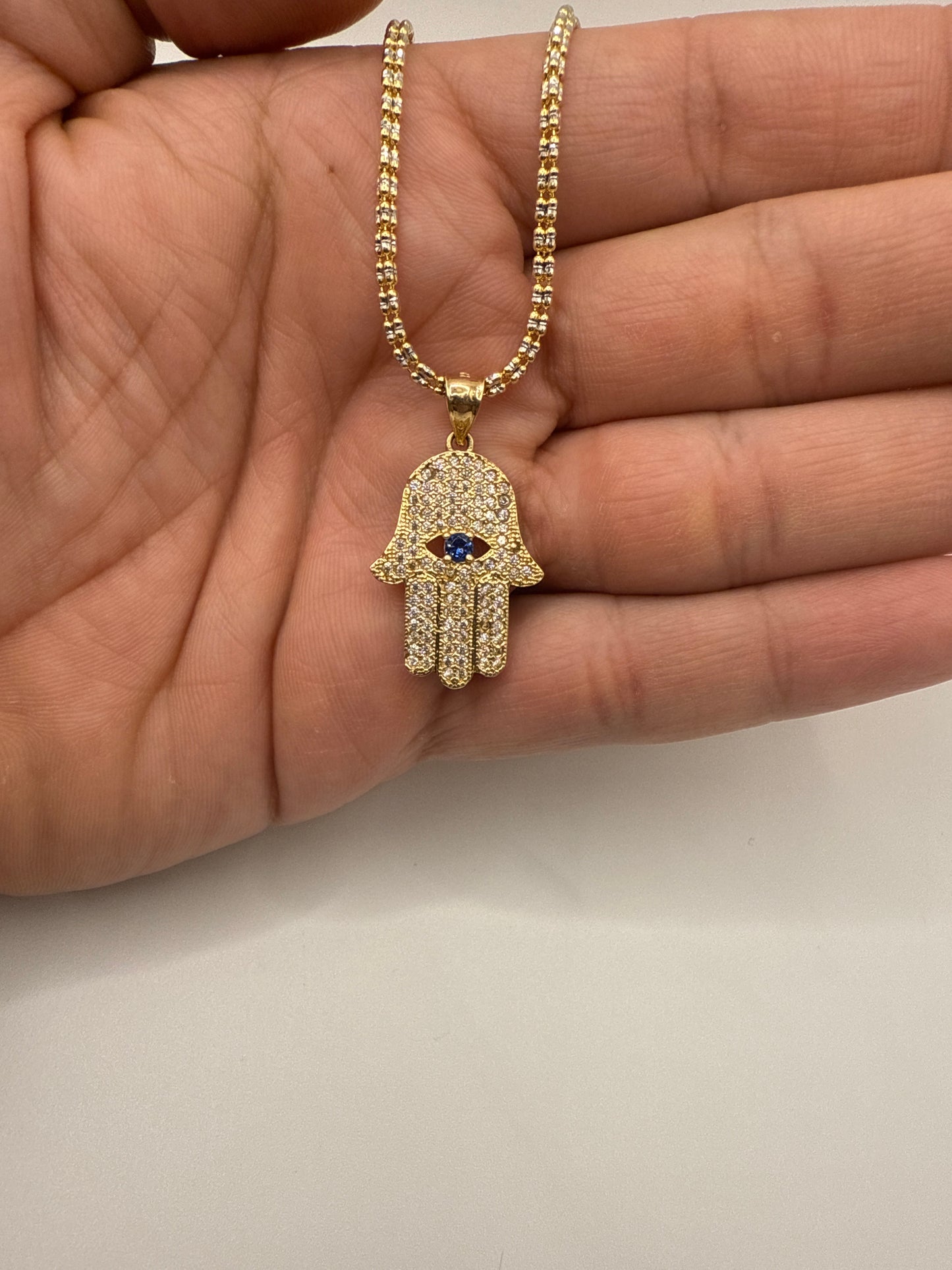 C13- NEW Ice Chain and Hamsa Hand Pendant Set W.G.