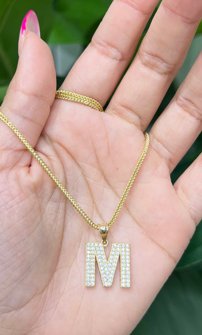C14- NEW 14K Franco Chain and Letter M Pendant Set