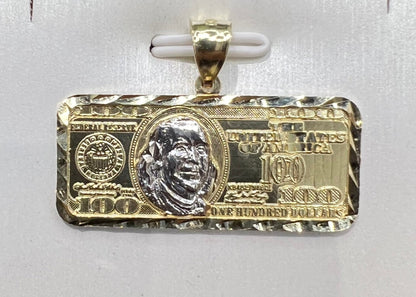 1672- NEW 10K 100 Dollar Bill Pendant (34x15mm)W.G