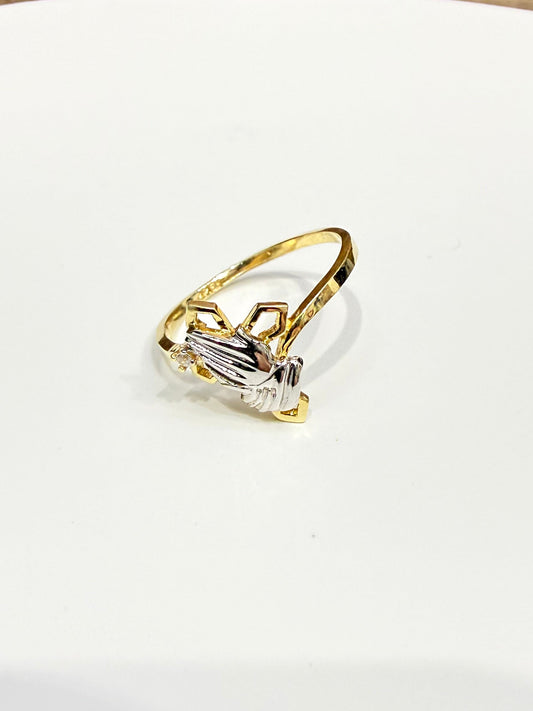1490- NEW 14K Praying Hand & Cross Ring W.G