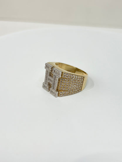964- NEW 14K Gold Initial “H” Men Ring Full Cz W.G