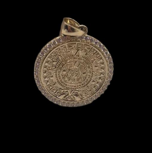 00127- NEW 14K  Aztec Mayan Sun Calendar Azteca Pendant (W.G)