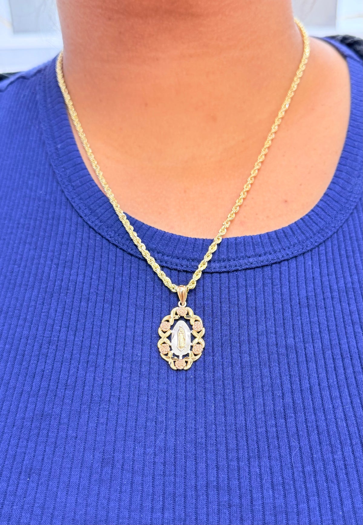 C78- NEW 14K Hollow Rope Chain 22” 3mm & 14K Tri Color Gold Our Lady of Guadalupe Pendant Set W.G