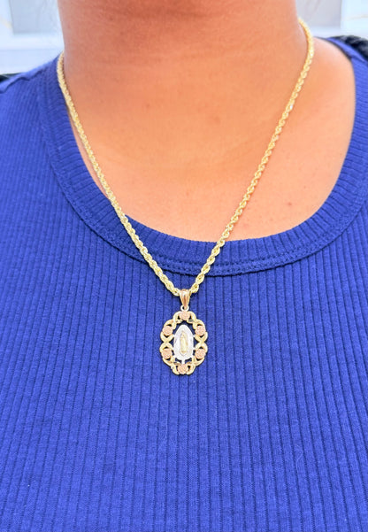 C78- NEW 14K Hollow Rope Chain 22” 3mm & 14K Tri Color Gold Our Lady of Guadalupe Pendant Set W.G