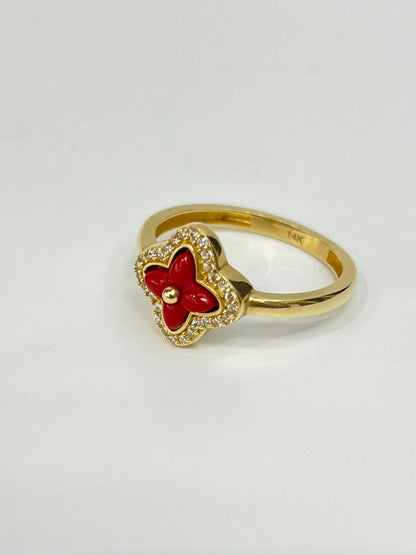599-NEW 14K Red Trebol Gold Ring (W.G)