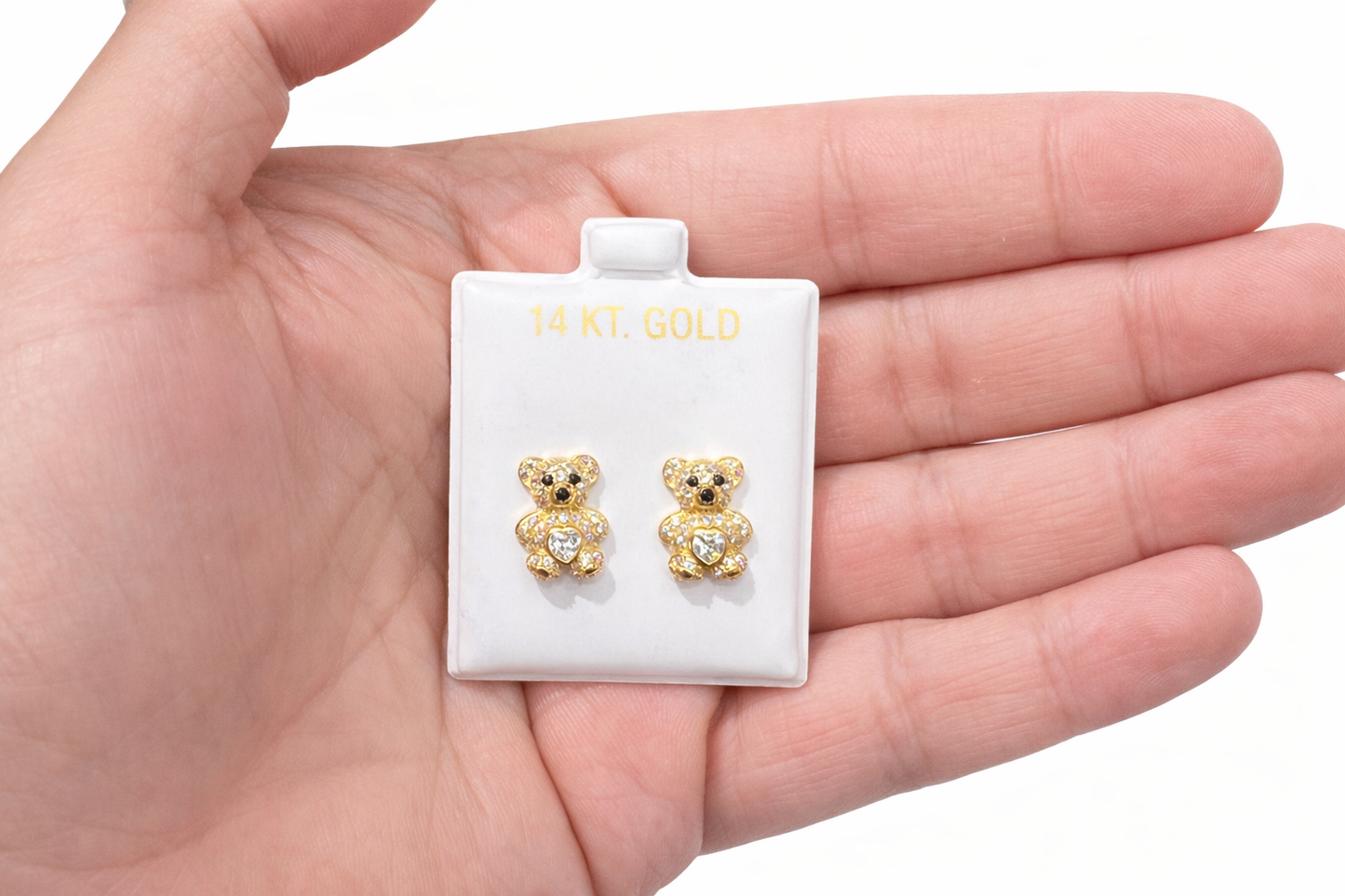 1202- NEW 14K Gold Teddy Bear Full Cz Stud Earrings w/ Clear Cz (9.6mm) W.G