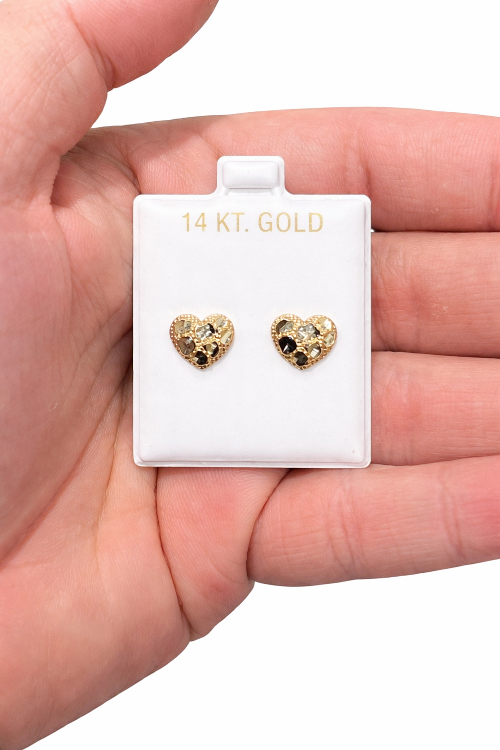 1200- NEW 14K Heart Shape Nuggets Stud Earrings (9.5mm) W.G