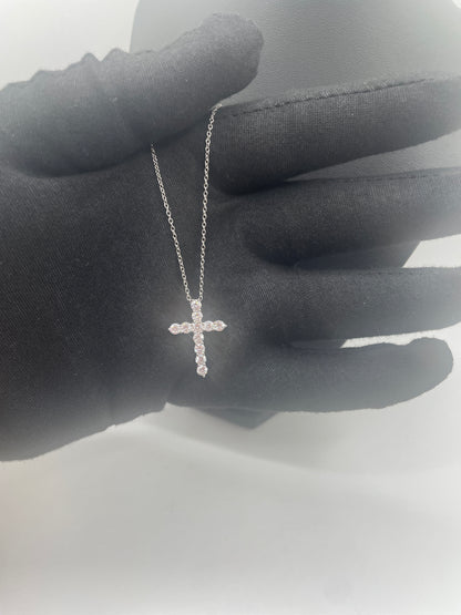 S438- Silver 925 Clear CZ Classic Cross Pendant Necklace 18”