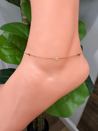 993-14k Cross Anklet Bracelet 10”(1mm) (W.G)