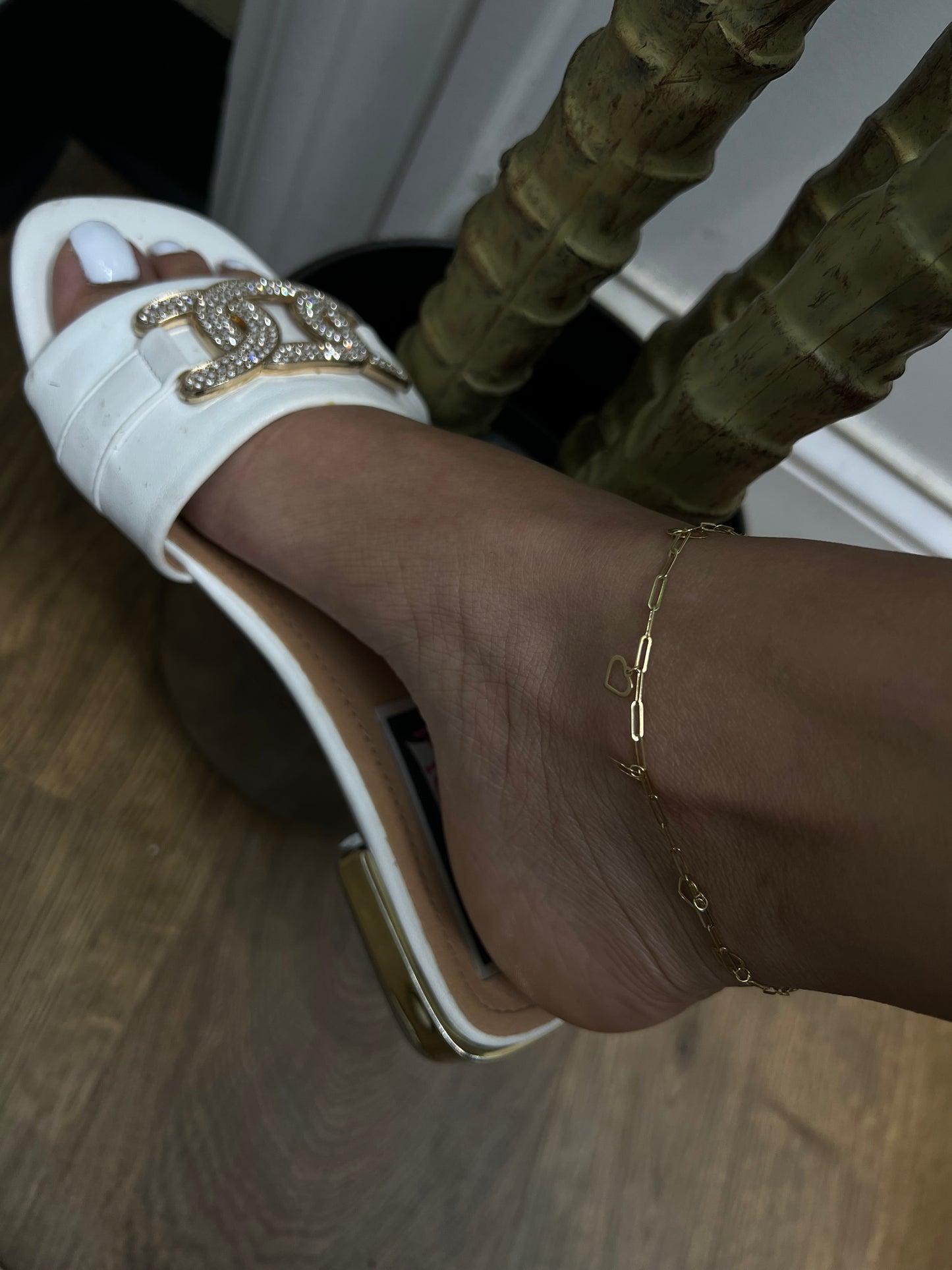 972- NEW 14K Gold Dangling Hearts Anklet Bracelet (2mm) W.G