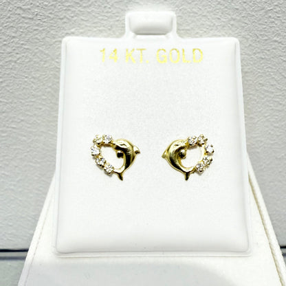 1068-NEW 14K Heart Shape Dolphin & Cz Stone Stud Earrings W.G