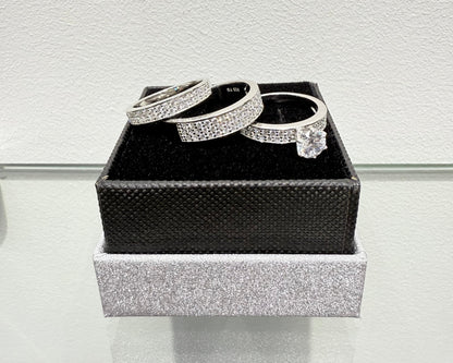 S1137- NEW .925 Sterling Silver Three Row Cz Stone Wedding Ring Set W.G